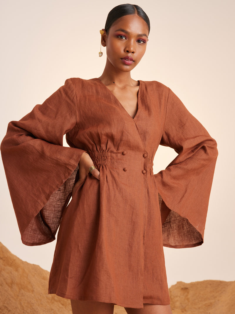 Summer Dress Bell Sleeves-Rust-Linen-Ss25-Bsd-Rst-Cord - Shop Cult Modern