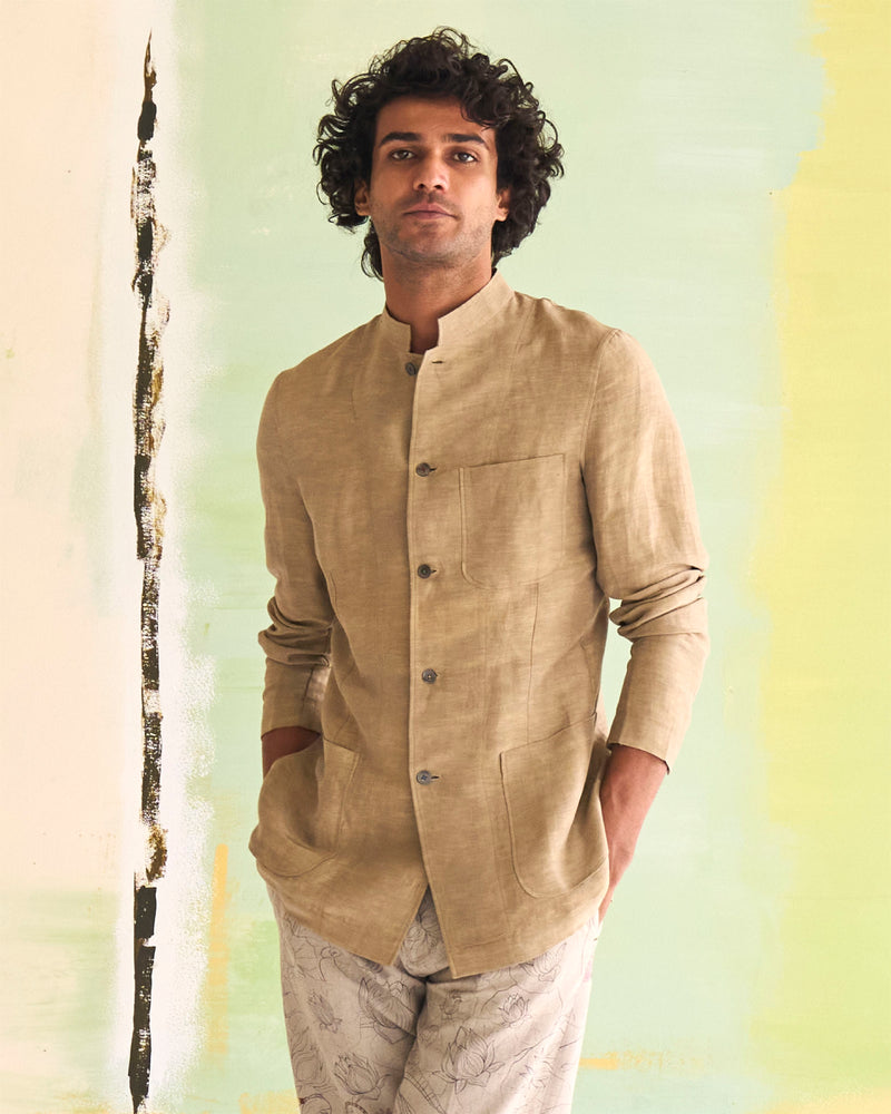 Summer Jacket Jacket Bandhgala Linen Satin Oyster Grey OW305SL87 SuketDhir - Shop Cult Modern