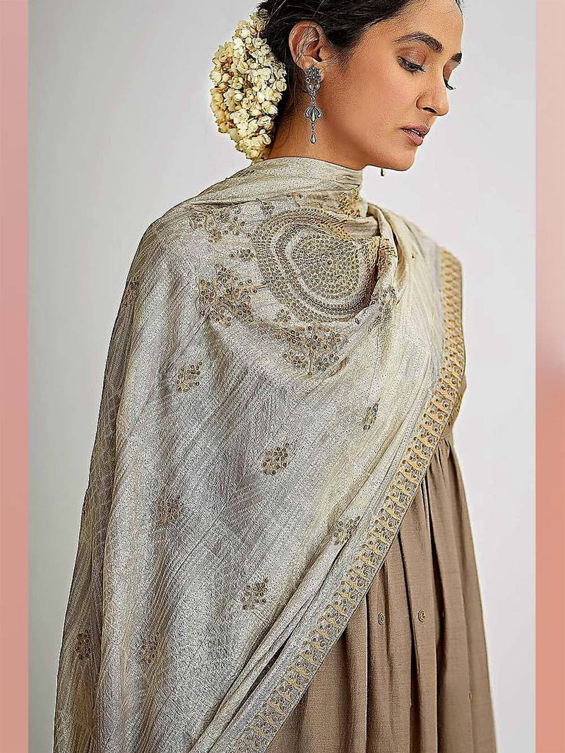Dhruv Singh   I  Grey-and-beige-shibori-hand-embroidered-odhana - Shop Cult Modern