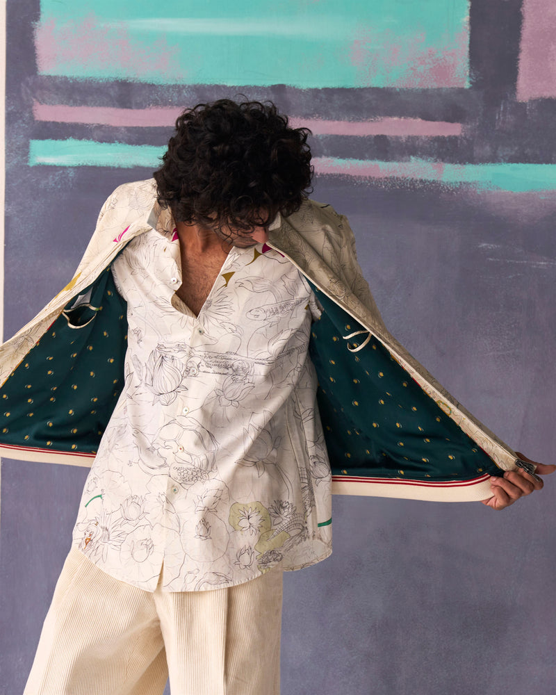 Summer Jacket Bomber Fresco Janbaaz Silk Damask White OW301SJ534 SuketDhir - Shop Cult Modern