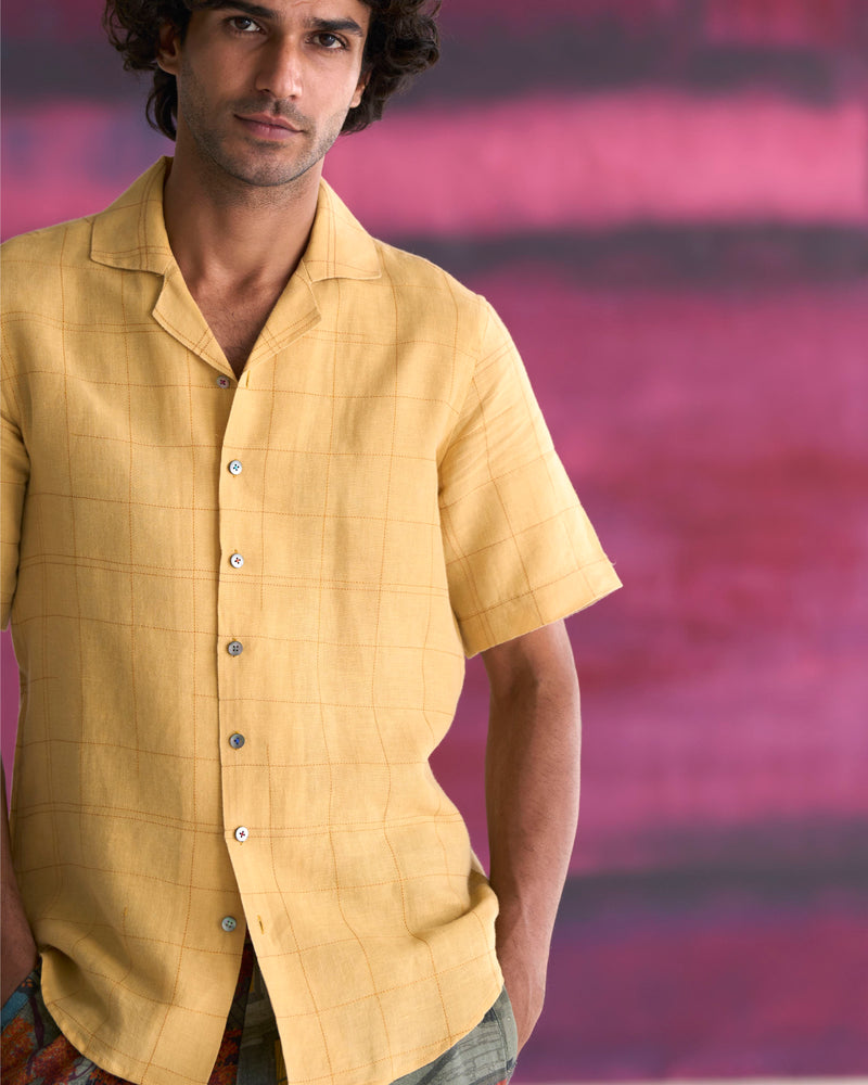 Summer Bush Shirt Yellow Check Dhagai Cotton Linen S413CL113 SuketDhir - Shop Cult Modern