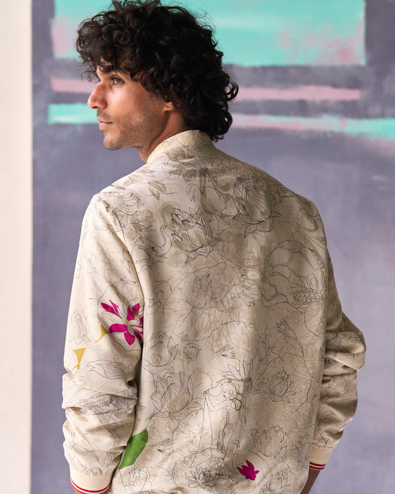 Summer Jacket Bomber Fresco Janbaaz Silk Damask White OW301SJ534 SuketDhir - Shop Cult Modern