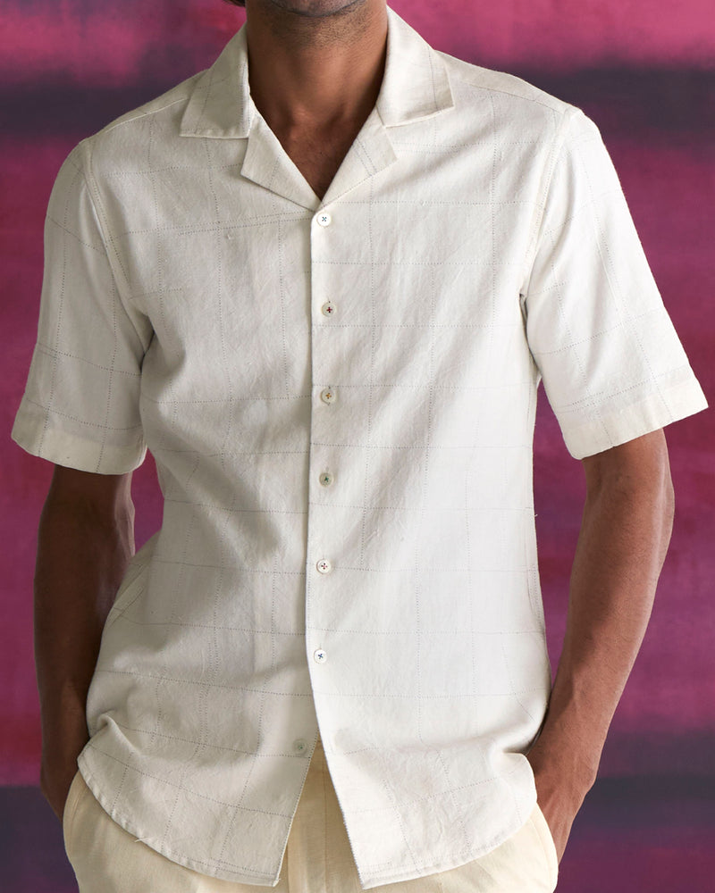 Summer Bush Shirt Check Cotton Linen White S413CL284 SuketDhir - Shop Cult Modern