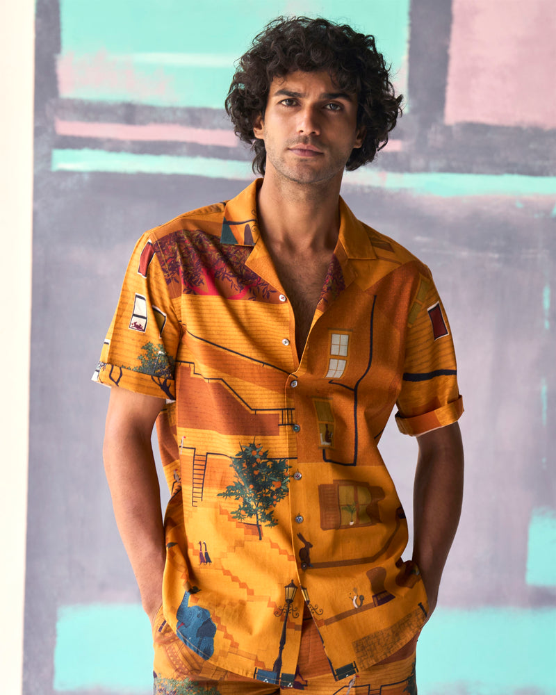 Summer Bush Shirt Animal Linen Mustard S413CL390 SuketDhir - Shop Cult Modern