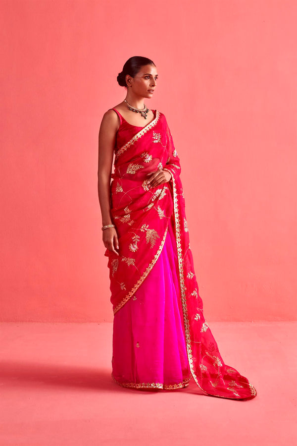 New Season Festive 2024-Saree-Organza/Mashru Silk 3pcs Rani-Red ombré-AS102-Fashion Wedding Edit Aarti Sethia - Shop Cult Modern
