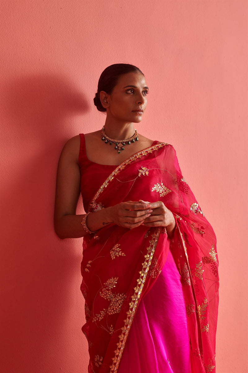 New Season Festive 2024-Saree-Organza/Mashru Silk 3pcs Rani-Red ombrÃ©-AS102-Fashion Wedding Edit Aarti Sethia - Shop Cult Modern