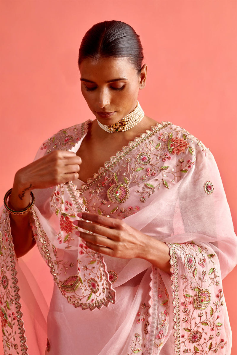 New Season Festive 2024-Saree-Organza/Mashru Silk 3pcs Powder Pink-AS103-Fashion Wedding Edit Aarti Sethia - Shop Cult Modern