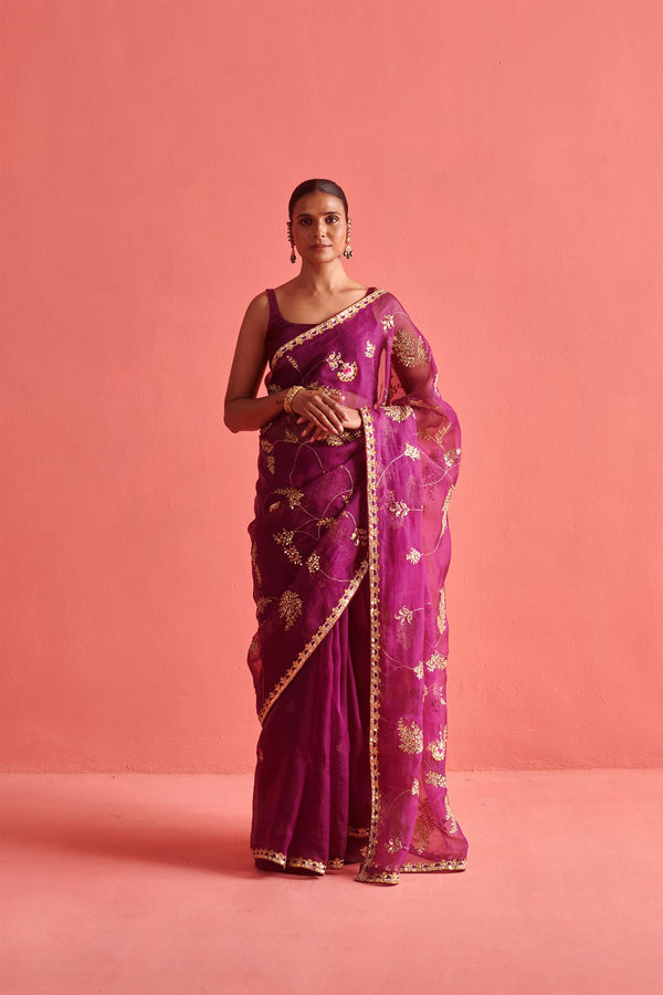New Season Festive 2024-Saree-Organza/Mashru Silk 3pcs Wine-AS101-Fashion Wedding Edit Aarti Sethia - Shop Cult Modern