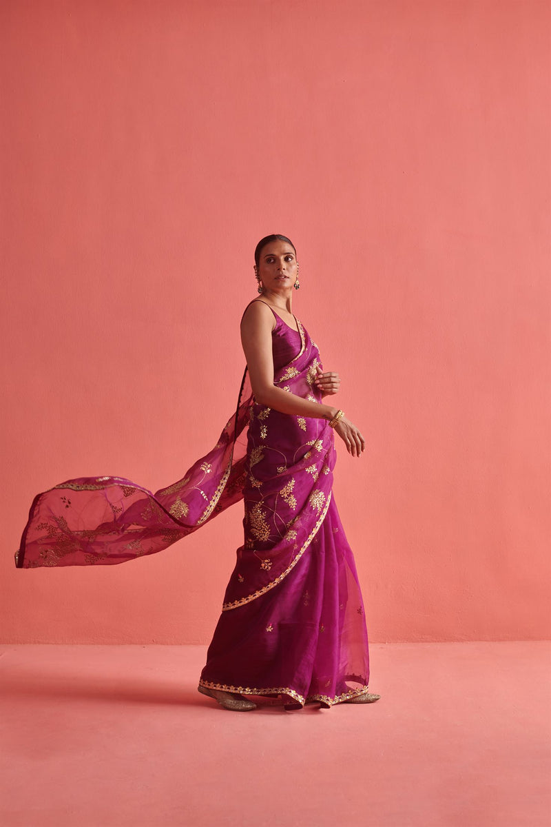 New Season Festive 2024-Saree-Organza/Mashru Silk 3pcs Wine-AS101-Fashion Wedding Edit Aarti Sethia - Shop Cult Modern