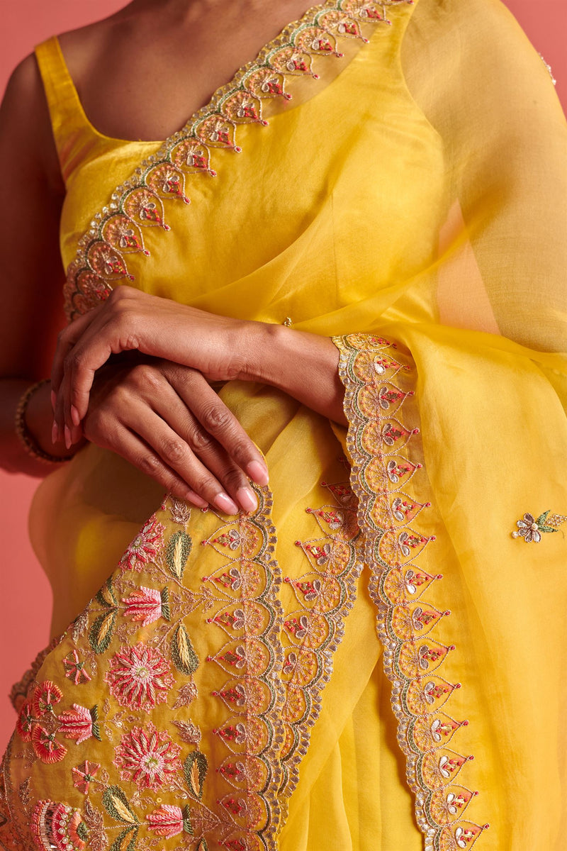 New Season Festive 2024-Saree-Organza/Mashru Silk 3pcs Yellow-AS104-Fashion Wedding Edit Aarti Sethia - Shop Cult Modern