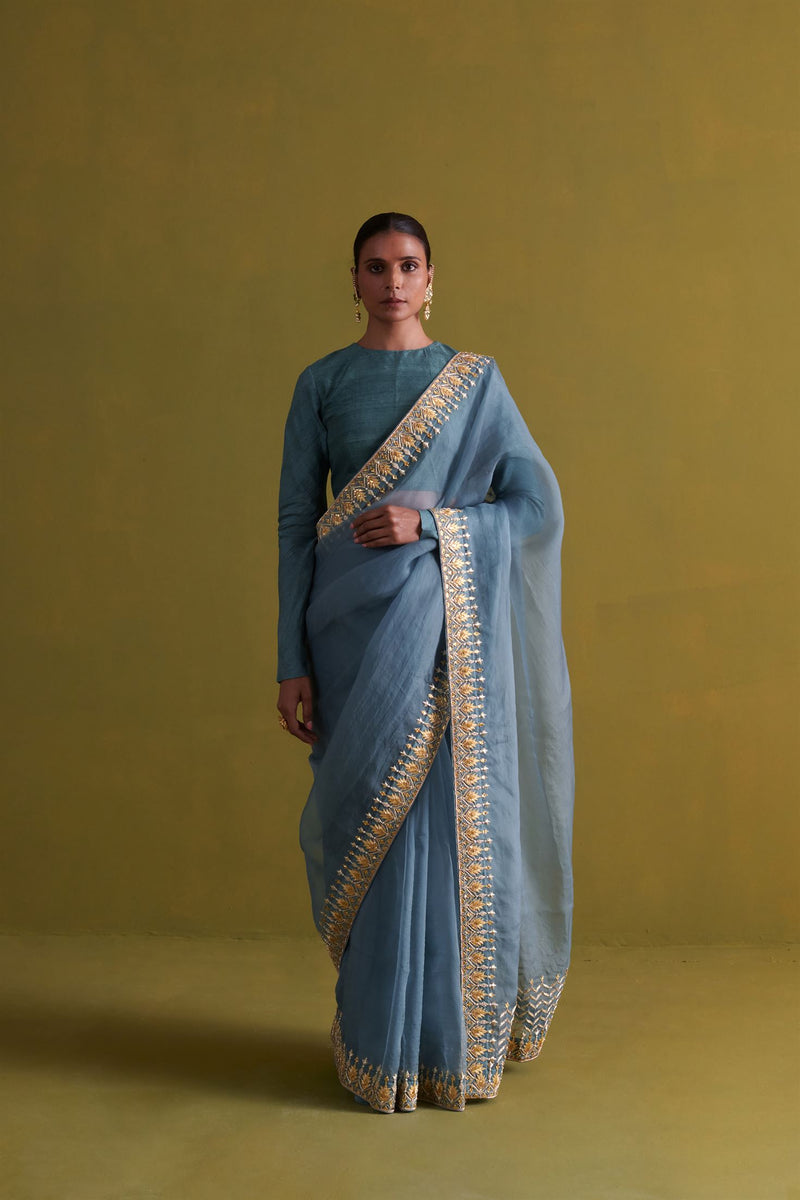 New Season Festive 2024-Saree-Organza/Raw Silk 3pcs Marine Blue-AS105-Fashion Wedding Edit Aarti Sethia - Shop Cult Modern
