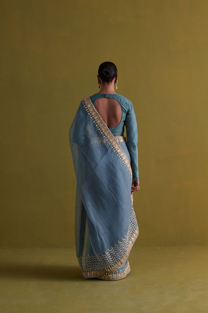 New Season Festive 2024-Saree-Organza/Raw Silk 3pcs Marine Blue-AS105-Fashion Wedding Edit Aarti Sethia - Shop Cult Modern