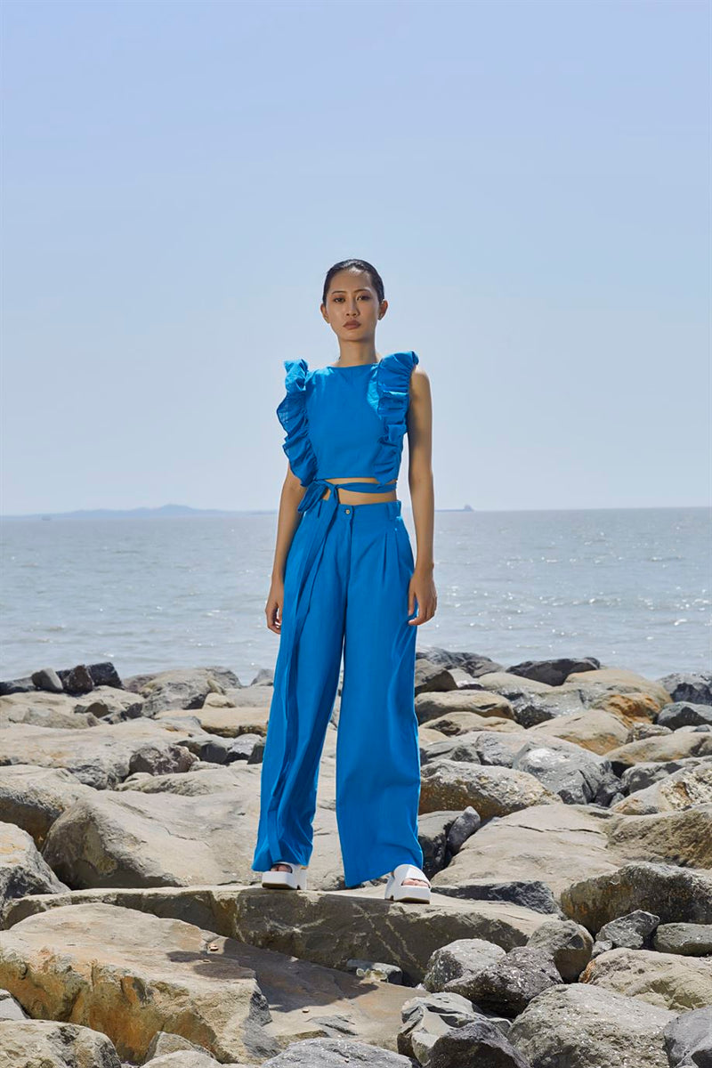 New Season Summer/Fall 24-Pants HighWaisted Cotton Blue-MT H-Waist Trouser-NA Slub Blue-Fashion Edit Mati - Shop Cult Modern