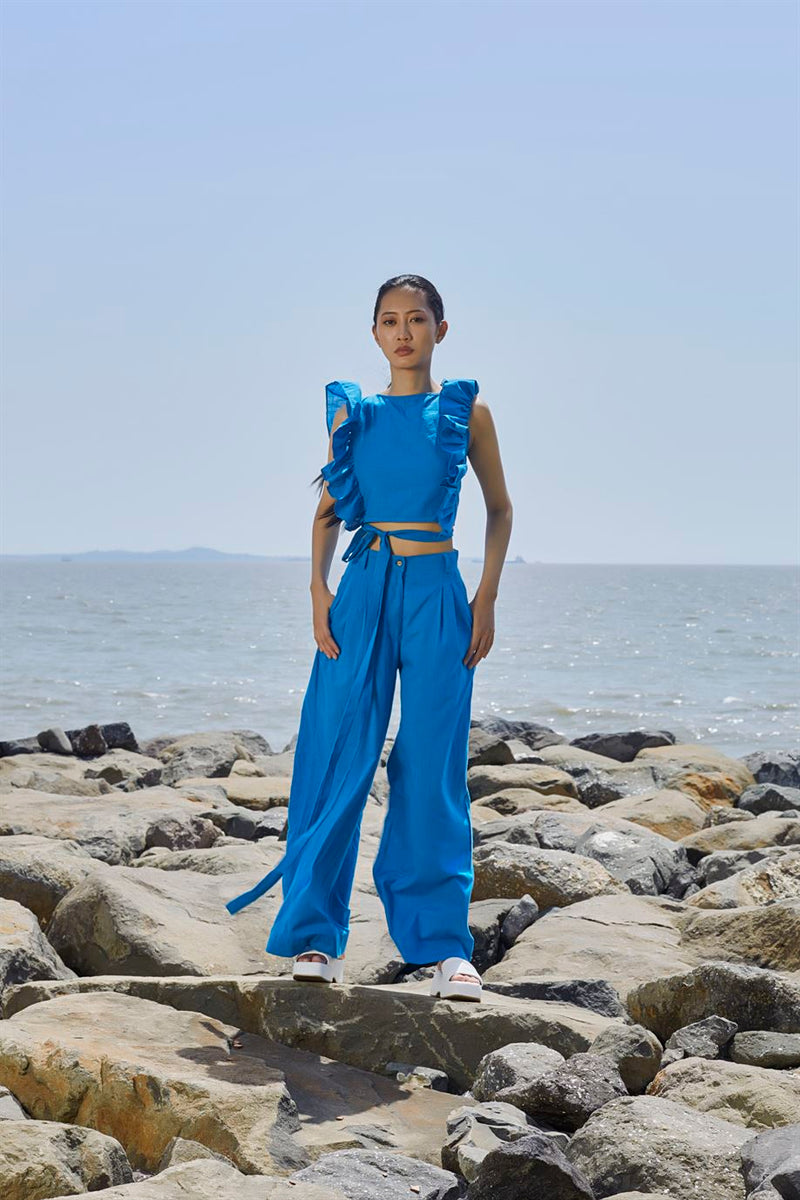 New Season Summer/Fall 24-Pants HighWaisted Cotton Blue-MT H-Waist Trouser-NA Slub Blue-Fashion Edit Mati - Shop Cult Modern