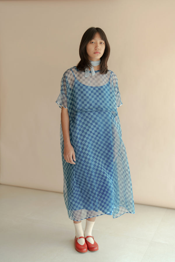 New All Season Dress Silk Organza Clover Blue Printed-R.B.-Fashion Edit Runaway Bicycle - Shop Cult Modern