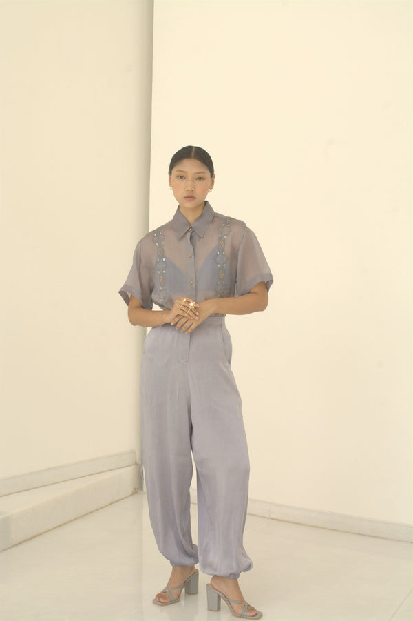 New Season Summer to Fall 2023-Shirt Boxy Embroidered Organza Silk Pigeon Blue-B/OS/032-Suzanne-Fashion Edit Hemji - Shop Cult Modern