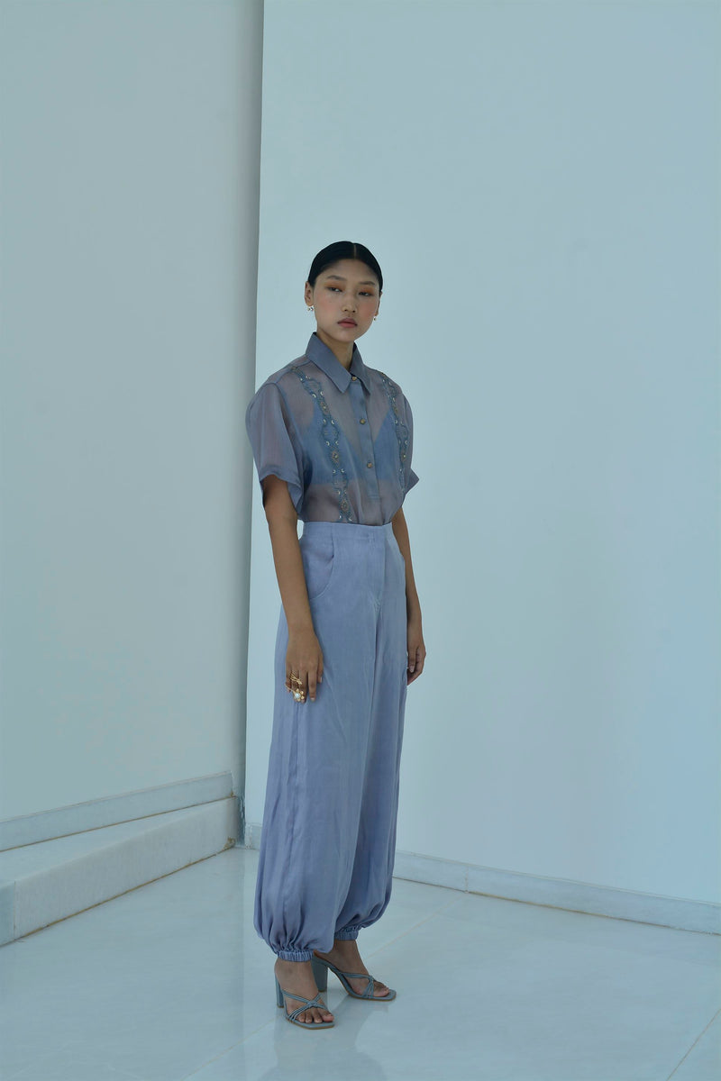 New Season Summer to Fall 2024-Shirt Boxy Embroidered Organza Silk Pigeon Blue-B/OS/032-Suzanne-Fashion Edit Hemji - Shop Cult Modern