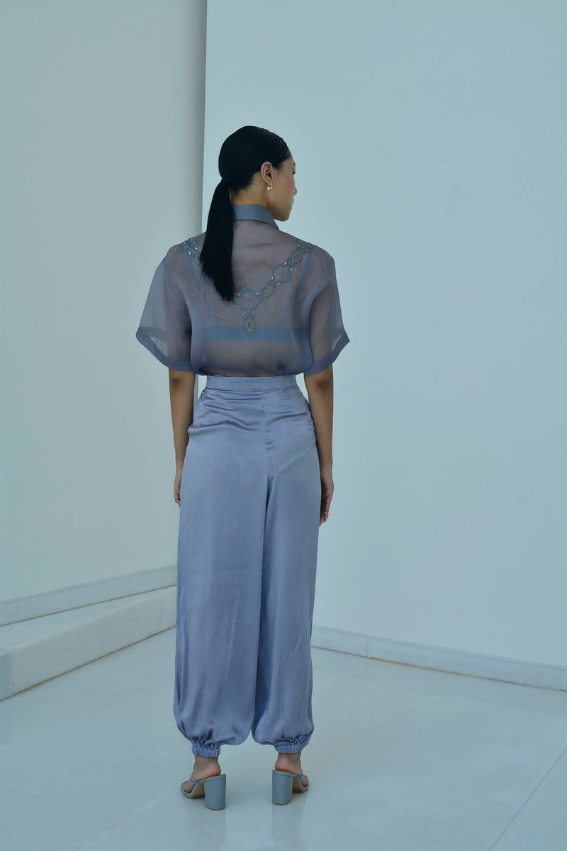 New Season Summer to Fall 2024-Shirt Boxy Embroidered Organza Silk Pigeon Blue-B/OS/032-Suzanne-Fashion Edit Hemji - Shop Cult Modern