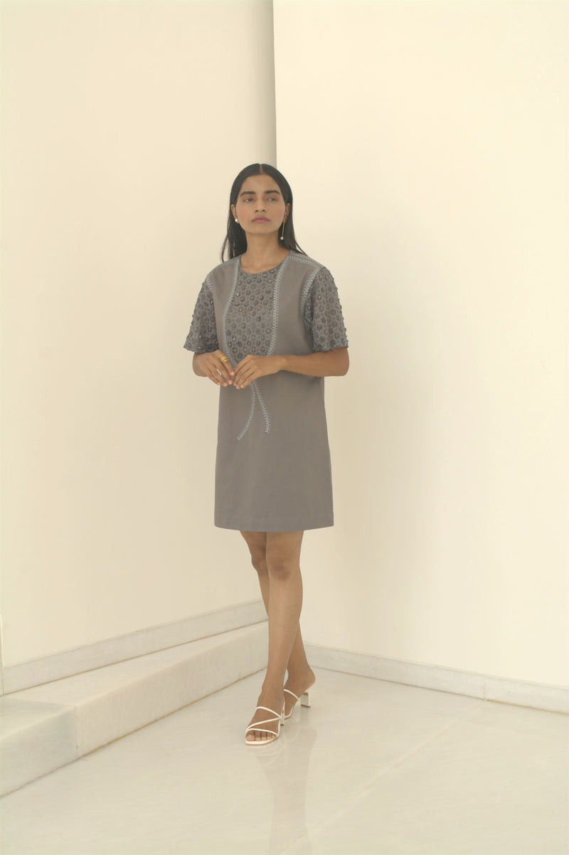 New Season Summer to Fall 2024-Dress Embellished Cotton Dolphin Grey-G/C/049-Suzanne-Fashion Edit Hemji - Shop Cult Modern