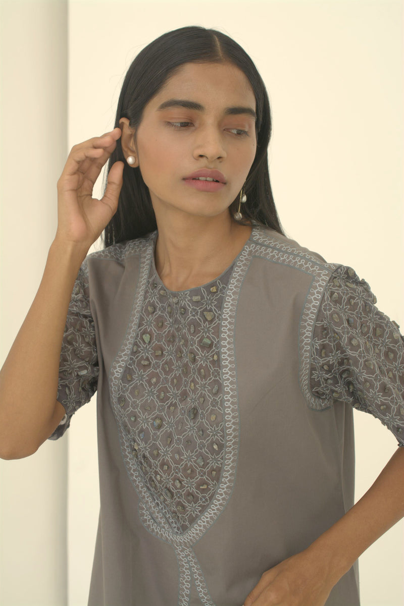 New Season Summer to Fall 2024-Dress Embellished Cotton Dolphin Grey-G/C/049-Suzanne-Fashion Edit Hemji - Shop Cult Modern