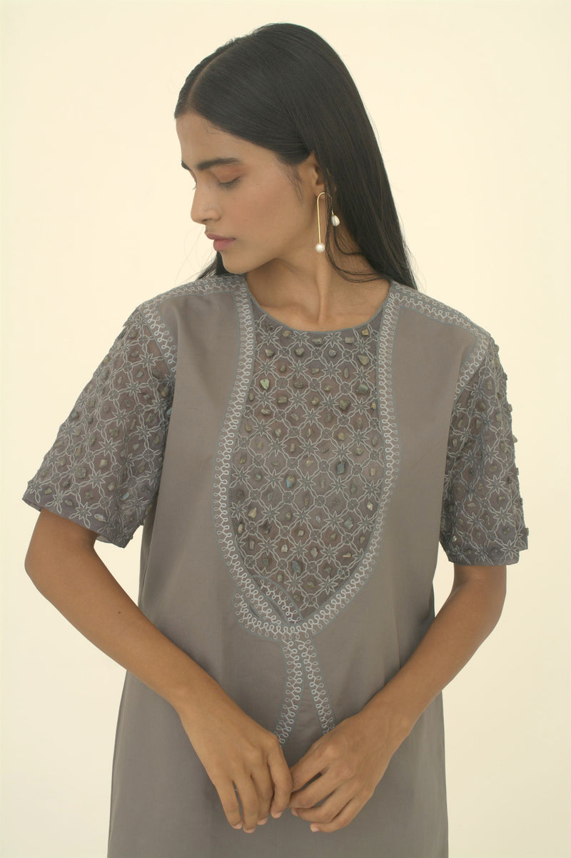 New Season Summer to Fall 2024-Dress Embellished Cotton Dolphin Grey-G/C/049-Suzanne-Fashion Edit Hemji - Shop Cult Modern