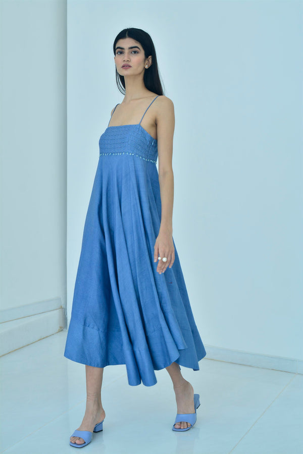 New Season Summer to Fall 2023-Dress Flared Silk Cerulean Blue-B/TS/054-Suzanne-Fashion Edit Hemji - Shop Cult Modern
