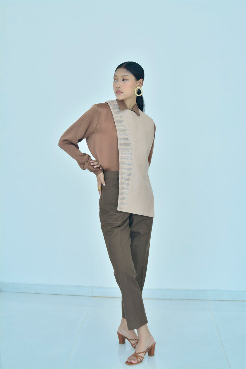 New Season Summer to Fall 2023-Shirt Pleated Silk Brown-TB/TS/034-Suzanne-Fashion Edit Hemji - Shop Cult Modern