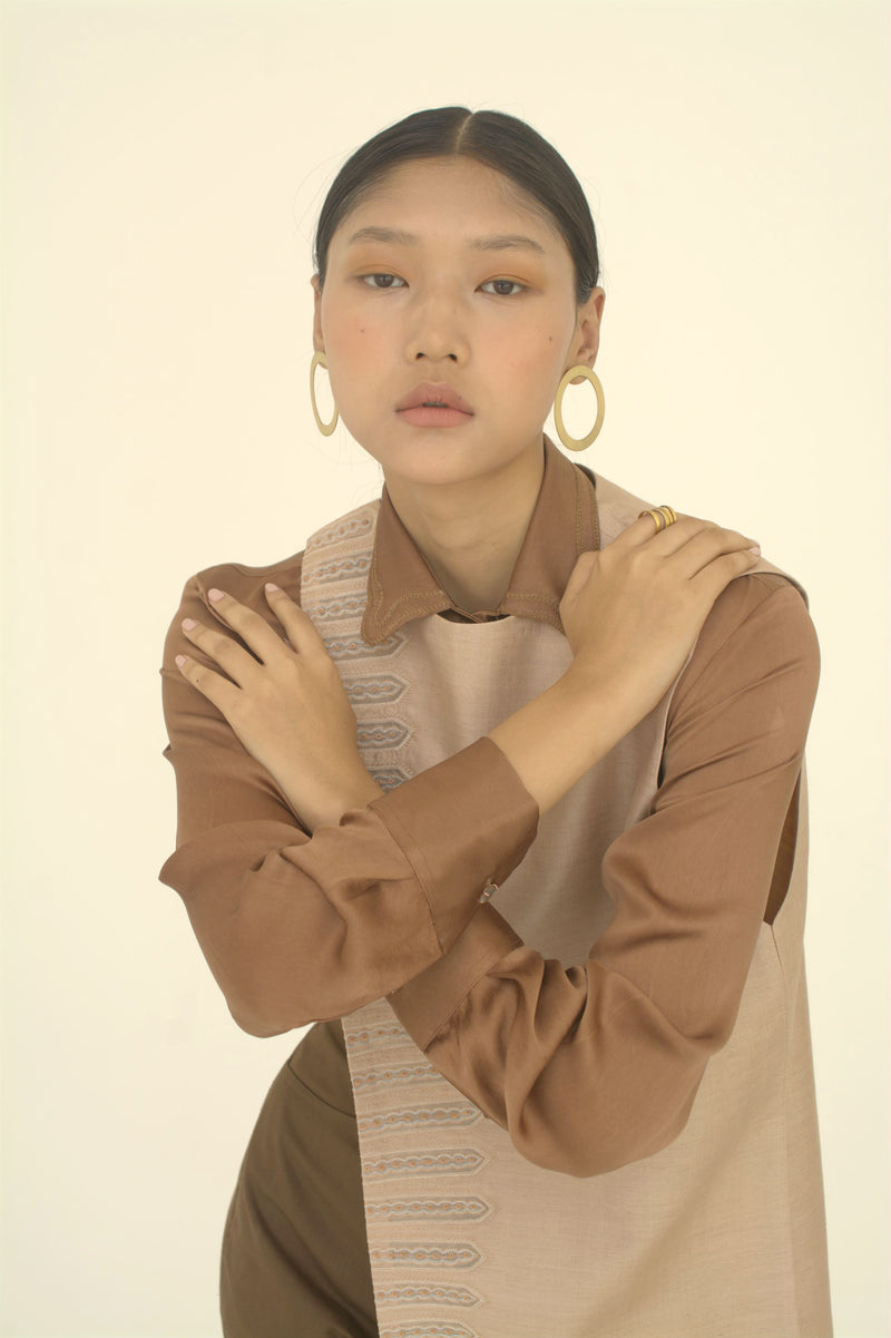 New Season Summer to Fall 2023-Shirt Embroidered Cuffs Silk Brown-TB/TS/036-Suzanne-Fashion Edit Hemji - Shop Cult Modern