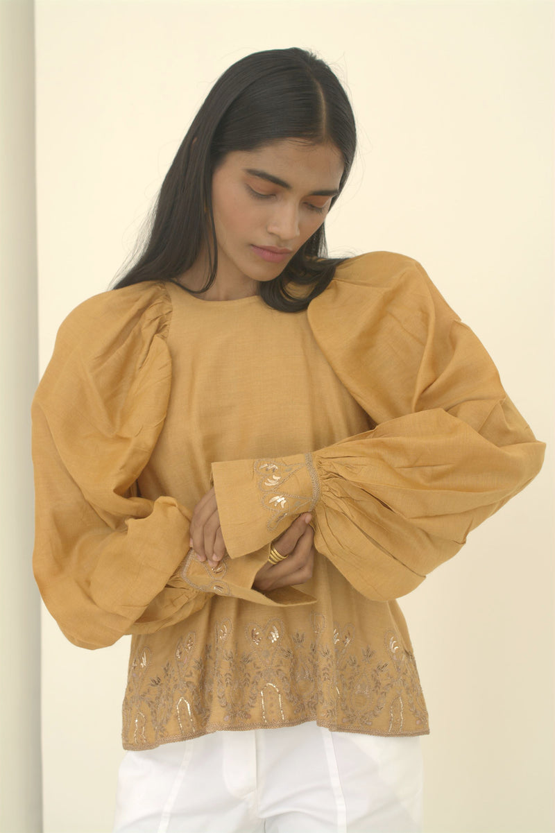 New Season Summer to Fall 2024-Top Embroidered Cuffs Silk Amber-AM/TS/050-Suzanne-Fashion Edit Hemji - Shop Cult Modern