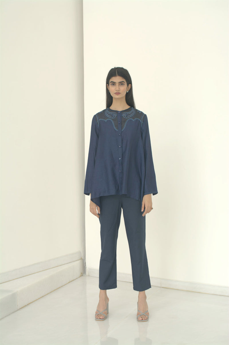 New Season Summer to Fall 2024-Blouse Embroidered Yoke Organza Silk Midnight Blue-MB/TS/028-Suzanne-Fashion Edit Hemji - Shop Cult Modern