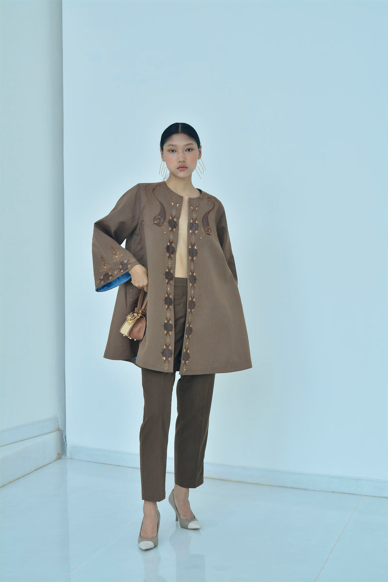 New Season Summer to Fall 2024-Jacket Coat Embellished Fine Wool Brown-TB/SW/046-Suzanne-Fashion Edit Hemji - Shop Cult Modern