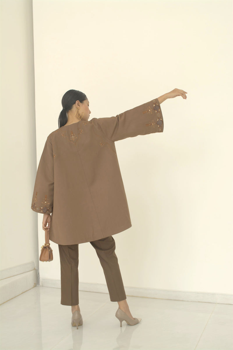 New Season Summer to Fall 2024-Jacket Coat Embellished Fine Wool Brown-TB/SW/046-Suzanne-Fashion Edit Hemji - Shop Cult Modern