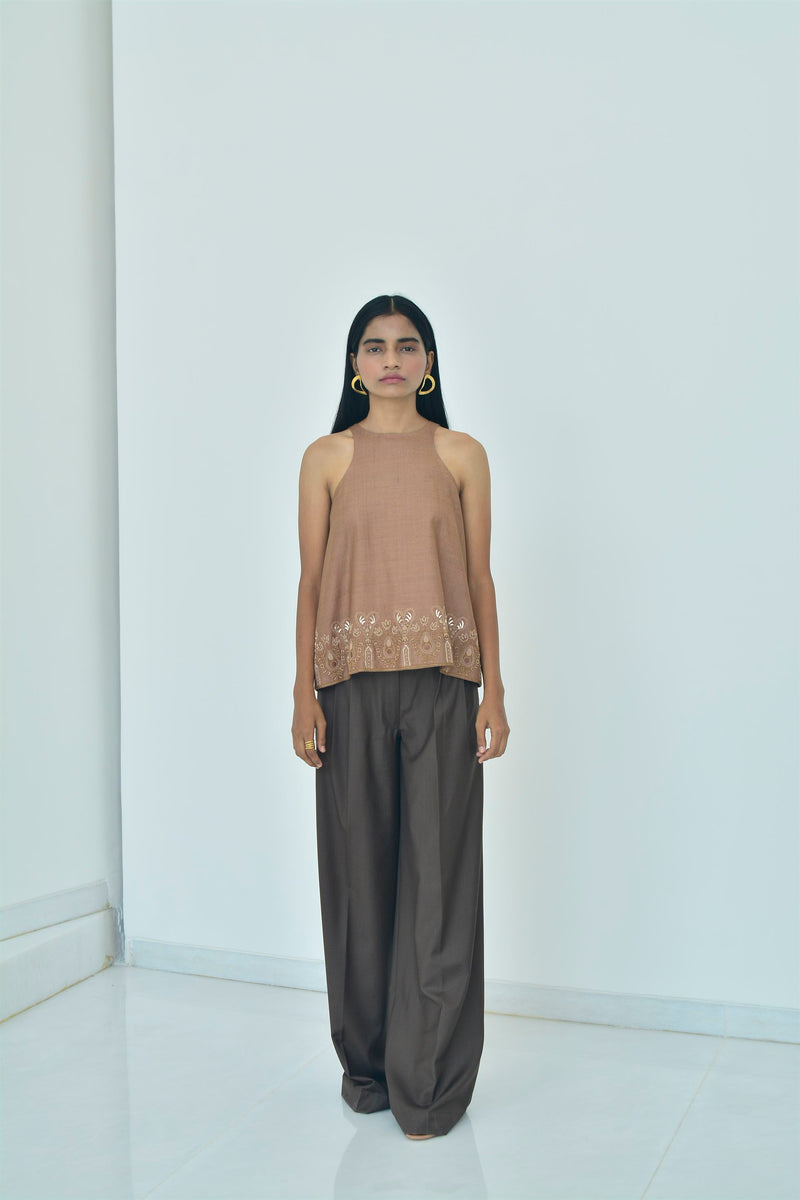 New Season Summer to Fall 2024-Top Racer Embroidered Silk Brown-TB/TS/018-Suzanne-Fashion Edit Hemji - Shop Cult Modern