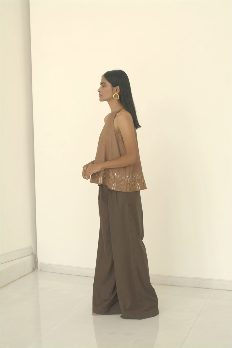 New Season Summer to Fall 2024-Top Racer Embroidered Silk Brown-TB/TS/018-Suzanne-Fashion Edit Hemji - Shop Cult Modern