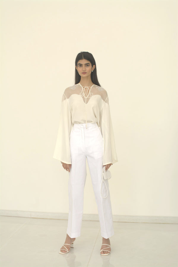 New Season Summer to Fall 2023-Top Embroidered Flowy Silk Crepe White-WH/CR/044-Suzanne-Fashion Edit Hemji - Shop Cult Modern