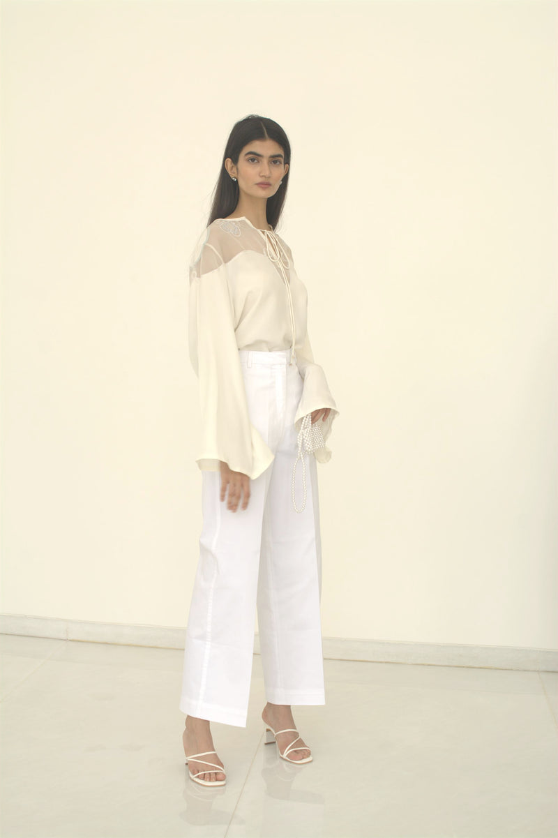 New Season Summer to Fall 2023-Top Embroidered Flowy Silk Crepe White-WH/CR/044-Suzanne-Fashion Edit Hemji - Shop Cult Modern