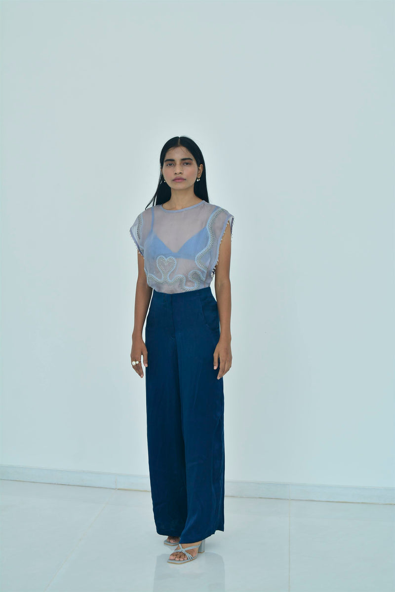 New Season Summer to Fall 2024-Top Embellished Silk Pigeon Blue-B/OS/026-Suzanne-Fashion Edit Hemji - Shop Cult Modern