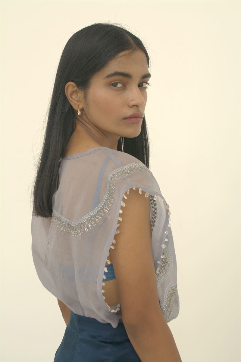 New Season Summer to Fall 2023-Top Embellished Silk Pigeon Blue-B/OS/026-Suzanne-Fashion Edit Hemji - Shop Cult Modern