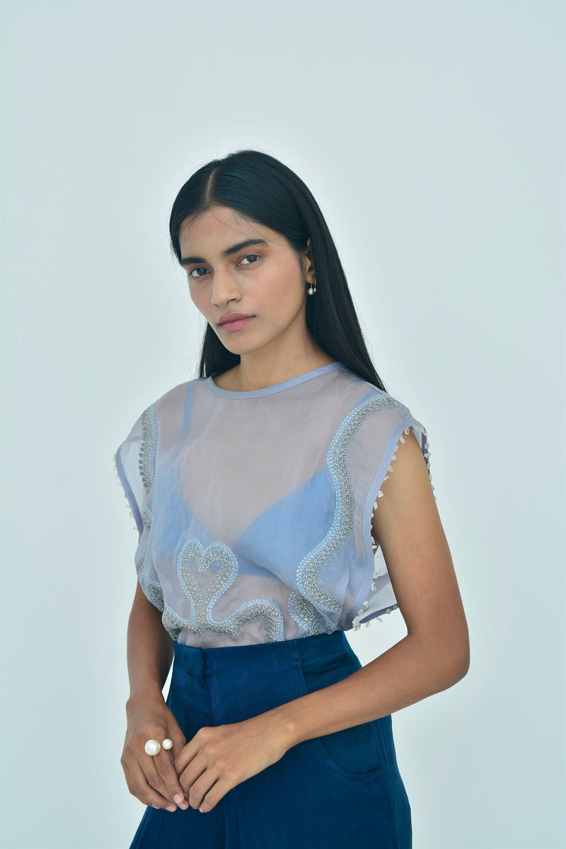 New Season Summer to Fall 2024-Top Embellished Silk Pigeon Blue-B/OS/026-Suzanne-Fashion Edit Hemji - Shop Cult Modern