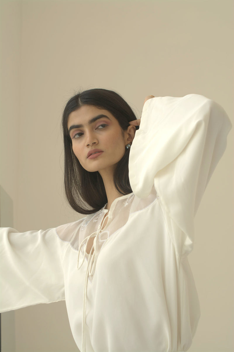 New Season Summer to Fall 2023-Top Embroidered Flowy Silk Crepe White-WH/CR/044-Suzanne-Fashion Edit Hemji - Shop Cult Modern