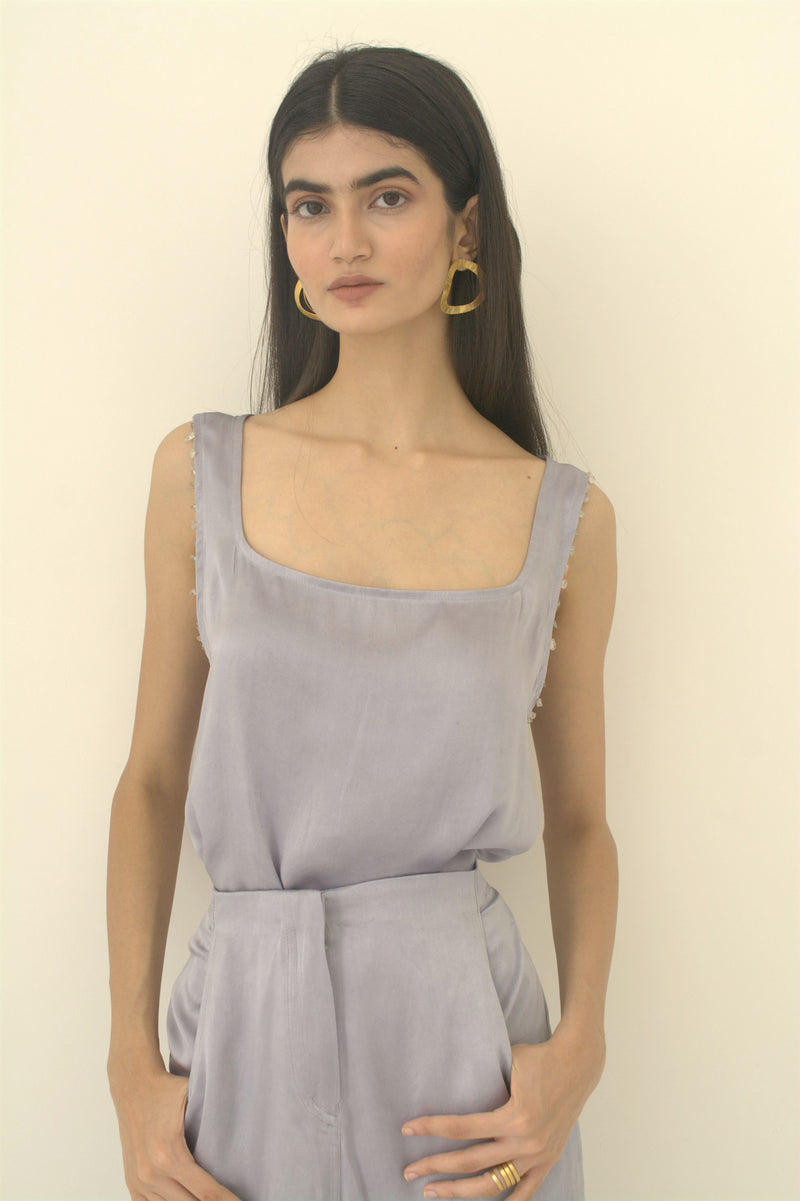 New Season Summer to Fall 2024-Top Lounge Silk Pigeon Blue-B/S/015-Suzanne-Fashion Edit Hemji - Shop Cult Modern