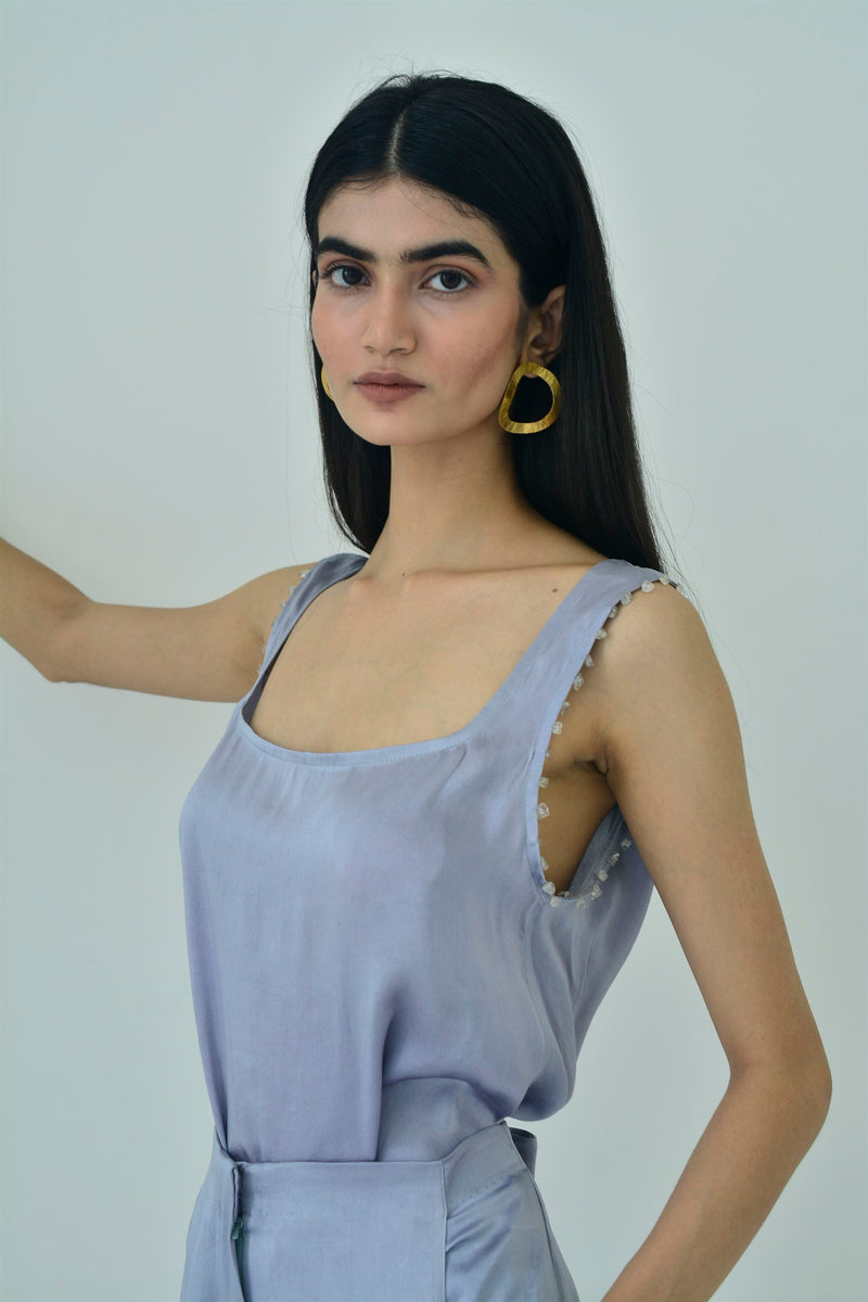 New Season Summer to Fall 2024-Top Lounge Silk Pigeon Blue-B/S/015-Suzanne-Fashion Edit Hemji - Shop Cult Modern