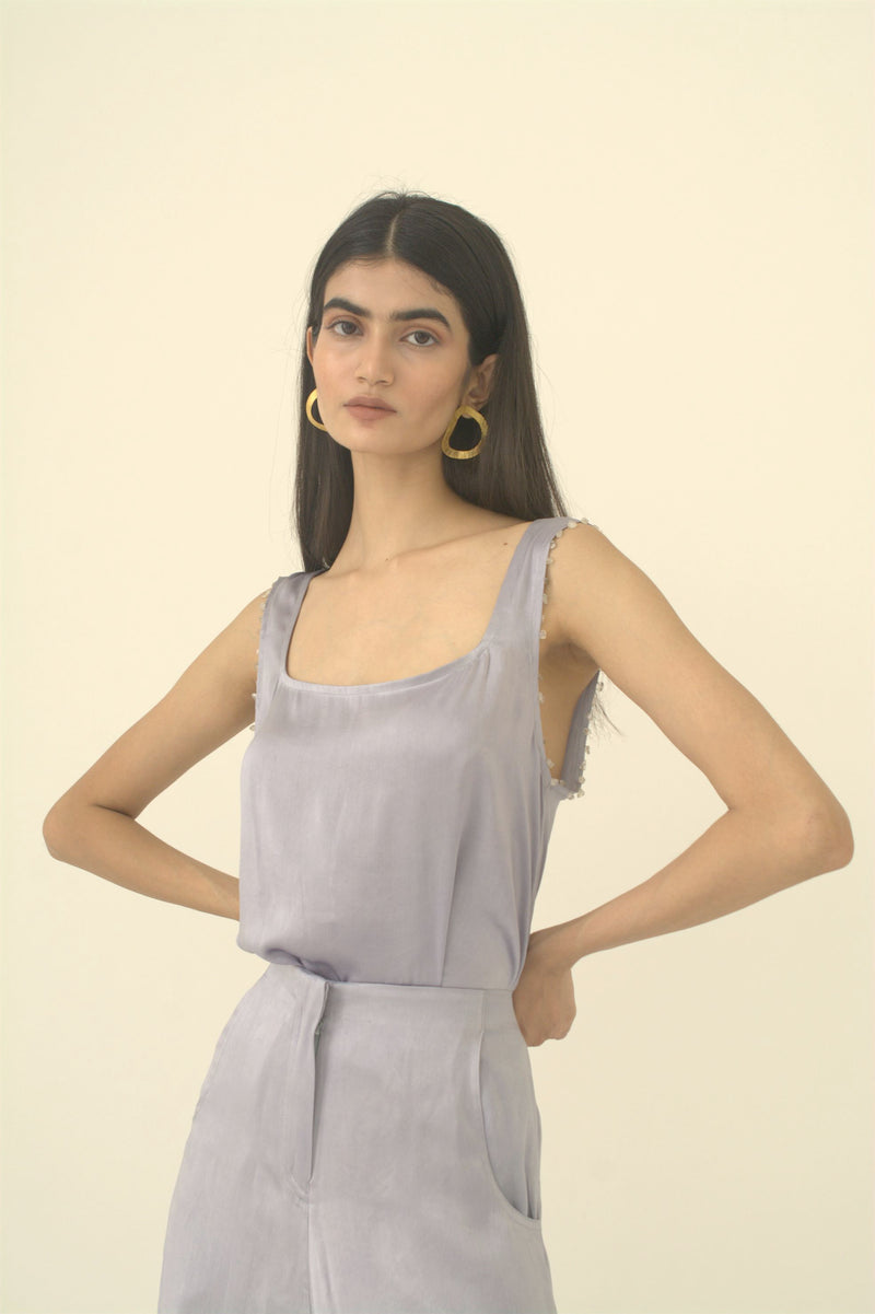 New Season Summer to Fall 2024-Top Lounge Silk Pigeon Blue-B/S/015-Suzanne-Fashion Edit Hemji - Shop Cult Modern