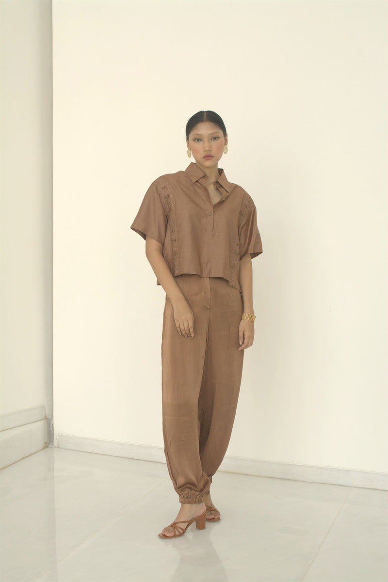 New Season Summer to Fall 2024-Shirt Boxy Embroidered Silk Brown-TB/TS/033-Suzanne-Fashion Edit Hemji - Shop Cult Modern