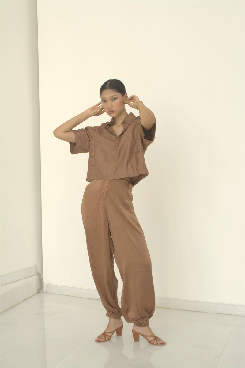 New Season Summer to Fall 2024-Shirt Boxy Embroidered Silk Brown-TB/TS/033-Suzanne-Fashion Edit Hemji - Shop Cult Modern