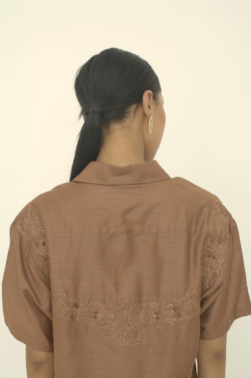 New Season Summer to Fall 2024-Shirt Boxy Embroidered Silk Brown-TB/TS/033-Suzanne-Fashion Edit Hemji - Shop Cult Modern