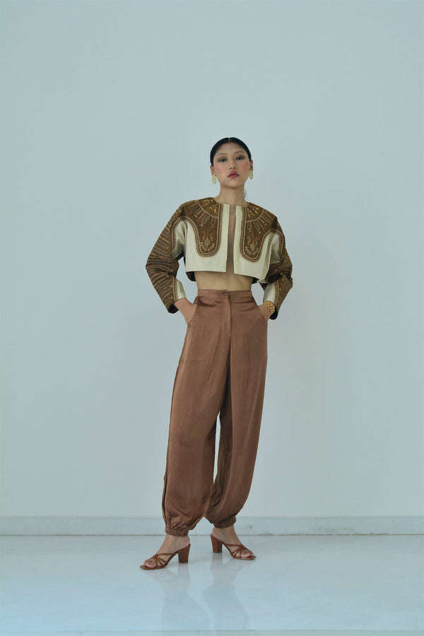 New Season Summer to Fall 2023-Crop Top Two Toned Poly Wool Off White Brown-TB/WC/064-Suzanne-Fashion Edit Hemji - Shop Cult Modern