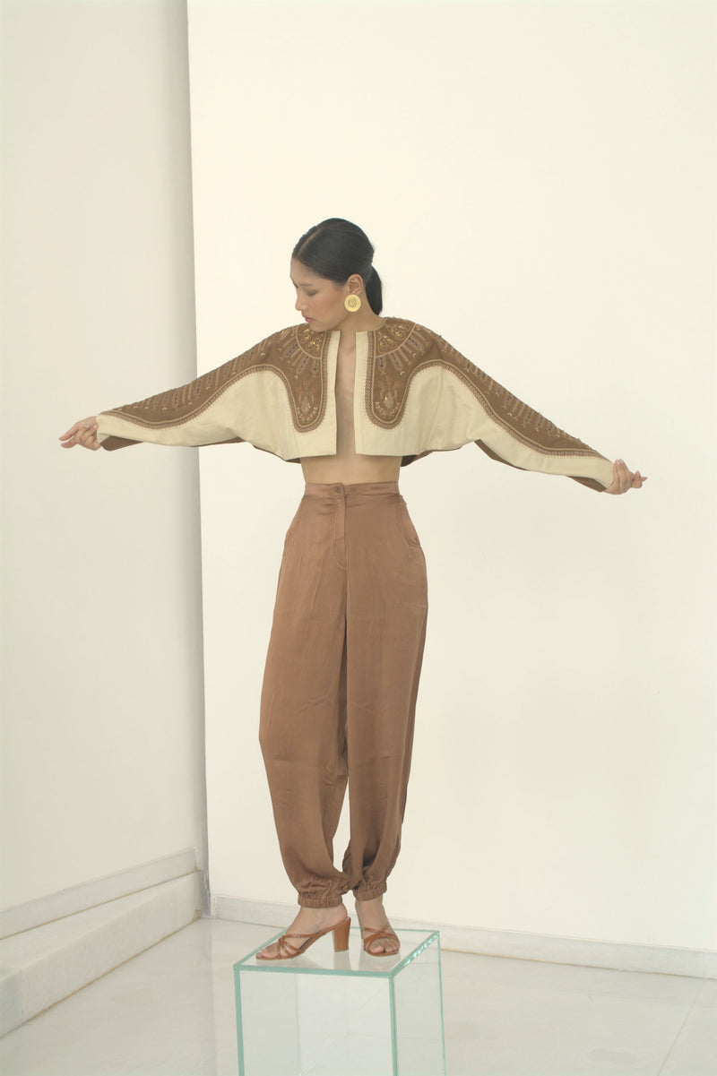 New Season Summer to Fall 2023-Crop Top Two Toned Poly Wool Off White Brown-TB/WC/064-Suzanne-Fashion Edit Hemji - Shop Cult Modern
