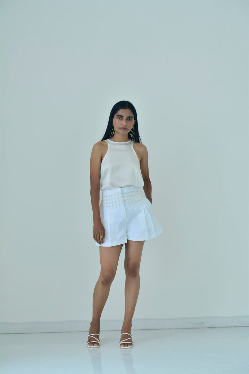 New Season Summer to Fall 2024-Top Racer Embroidered Silk Off White-CR/TS/017-Suzanne-Fashion Edit Hemji - Shop Cult Modern