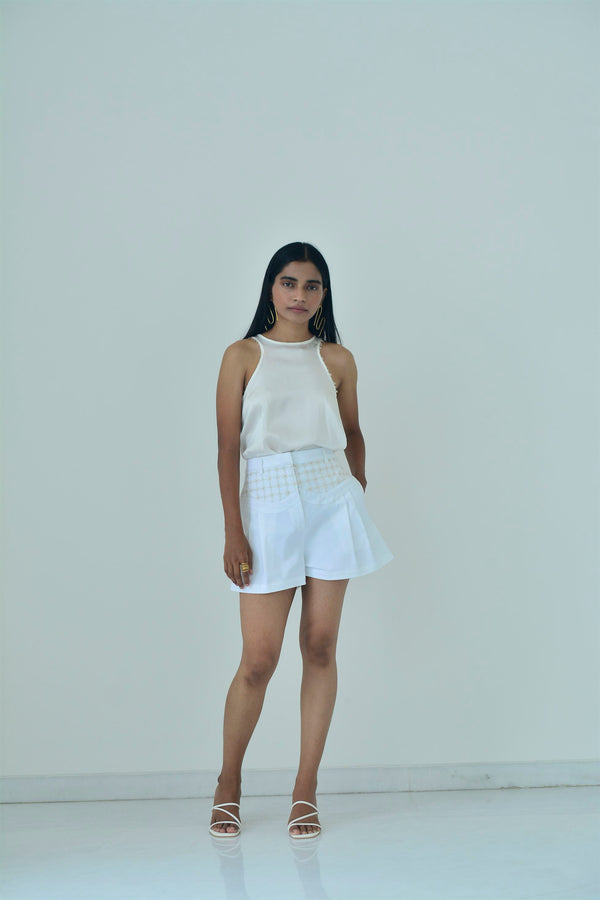 New Season Summer to Fall 2023-Shorts Embroidered Pleated Cotton White-W/C/006-Suzanne-Fashion Edit Hemji - Shop Cult Modern